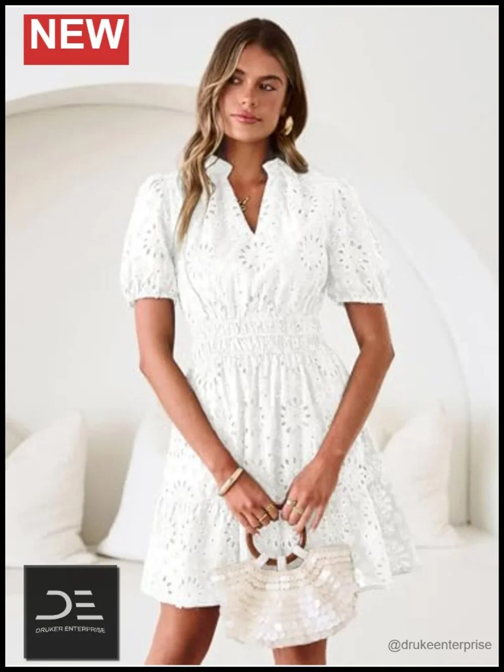 Women's Eyelet Lace Mini Dress with Pockets V Neck Puff Sleeve Boho